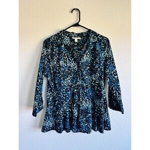 Dana Buchman Women's Blue 3/4 Sleeve Button Down Shirt Peplum Cotton Large